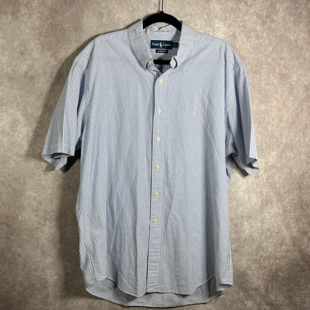 Ralph Lauren Shirt Mens XL Blue White Striped Seersucker Button Down Classic Fit